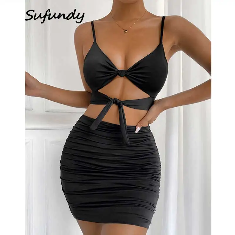 Sufundy Two Piece Outfit Set Sexy Bow Crop Top Solid Color Pleated Mini Skirt 2022 Summer Party Club Matching Set Women Clothing
Sufundy Two Piece Outfit Set Sexy Bow Crop Top Solid Color Pleated Mini Skirt 2022 Summer Party Club Matching Set Women Clothing