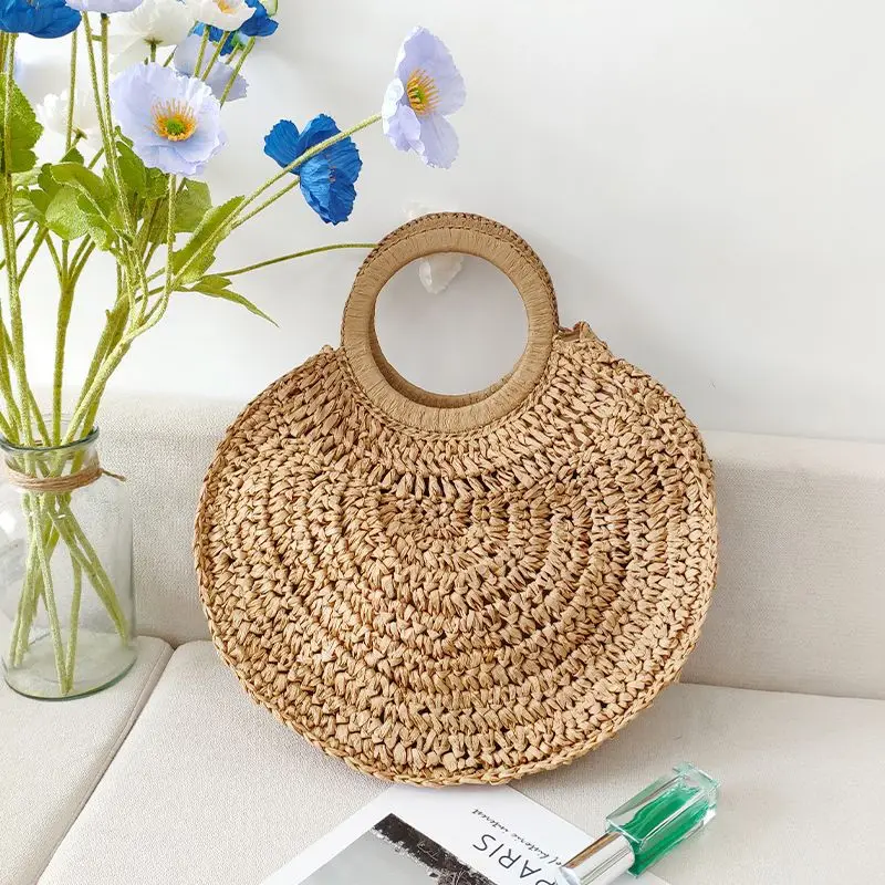 

Handmade crochet paper rope circular tote bag Fashion beach grass woven casual portable women's bag