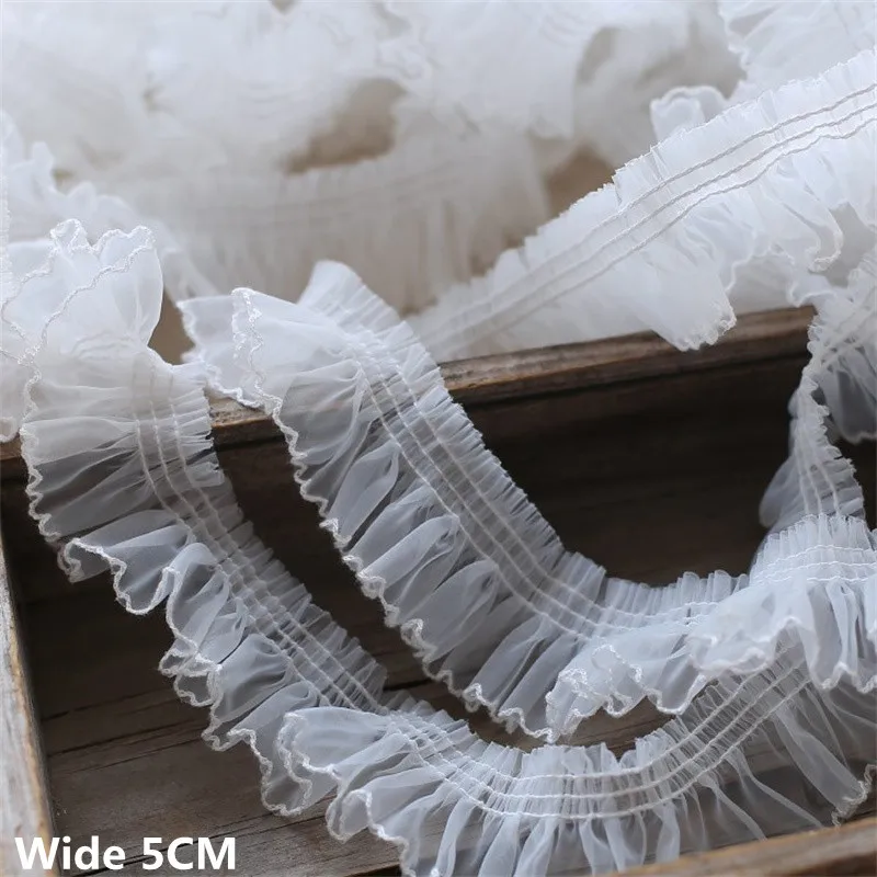 

5CM Wide Luxury White Tulle Organza Pleated Lace Fabric Wedding Dresses Collar Neckline Ruffle Trim Fringed Ribbon Sewing Decor