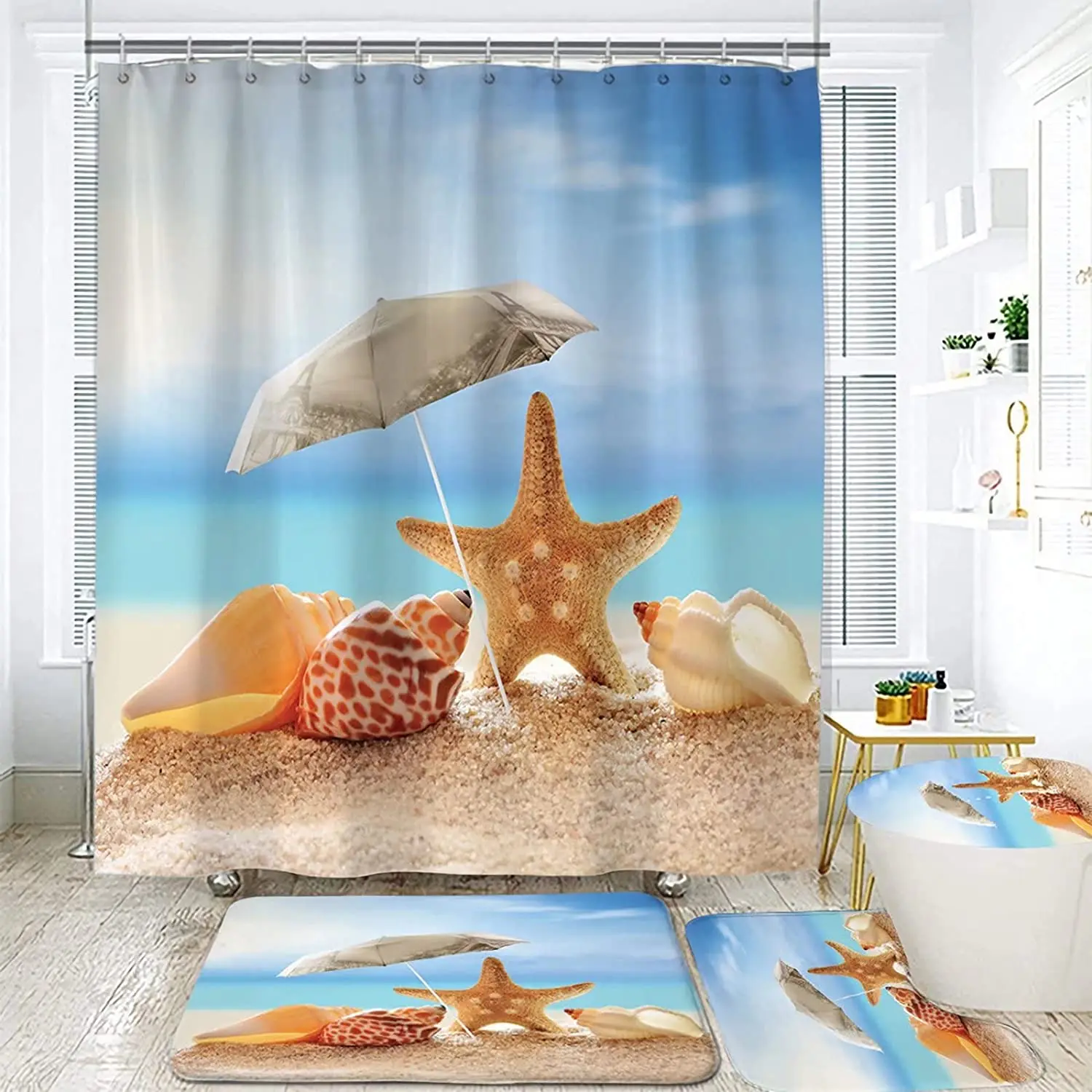 

4Pcs Beach Shower Curtain Sets Hook Sea Ocean Starfish Shell Summer Bathroom Decor Anti-Slip Floor Rug Bath Mat Toilet Lid Cover