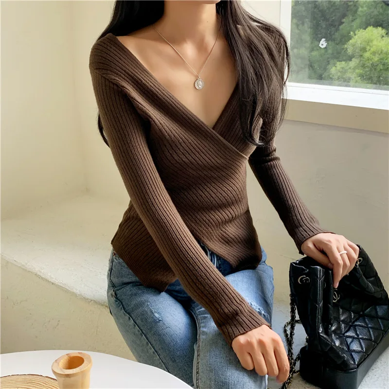 

New Sweater Autumn Winter Women's Rib-Knit Stretchable V Neck Crisscross Wrap Knitted Pullovers Sexy Slim Y2k Pull Jumper Tops