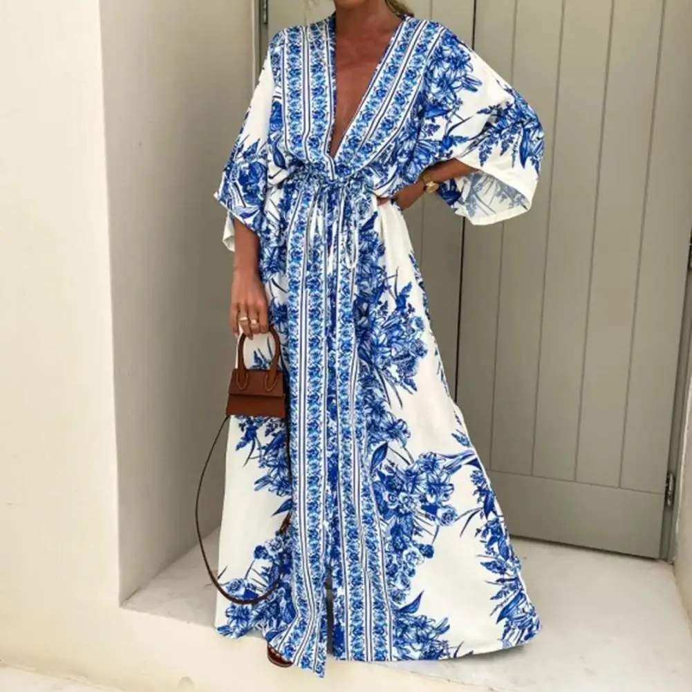 Stylish V-Neck Tie-Up Large Hem Maxi Dress Boho Retro Print 3/4 Flare Sleeve Beach Dress Breathable Ankle-Length Casual Dress
Stylish V-Neck Tie-Up Large Hem Maxi Dress Boho Retro Print 3/4 Flare Sleeve Beach Dress Breathable Ankle-Length Casual Dress
