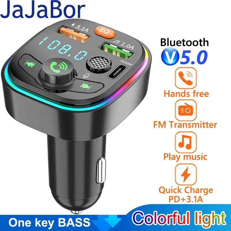 

JaJaBor FM Transmitter Audio Receiver Car Bluetooth 5.0 Handsfree Coloful Light Type C PD 20W 3.1A Fast Charge Car Mp3 Player