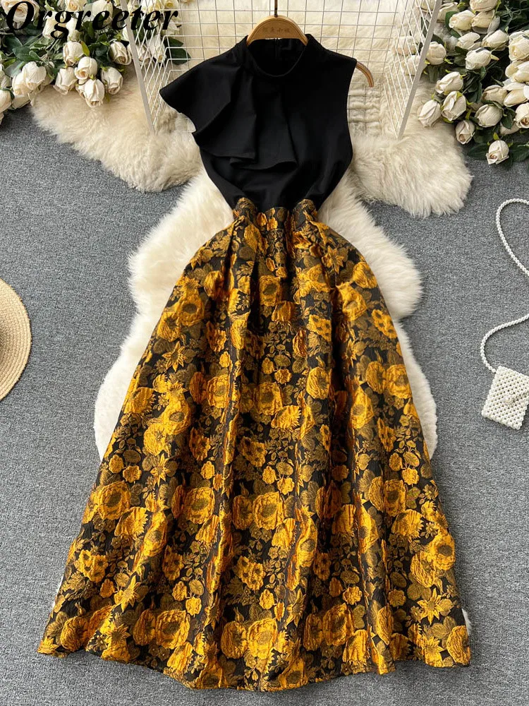 High Quality Floral Jacquard Dress Women's Sleeveless Stand Collar Ruffles Patchwork Evening Dress High Waist Vestido Longo
High Quality Floral Jacquard Dress Women's Sleeveless Stand Collar Ruffles Patchwork Evening Dress High Waist Vestido Longo