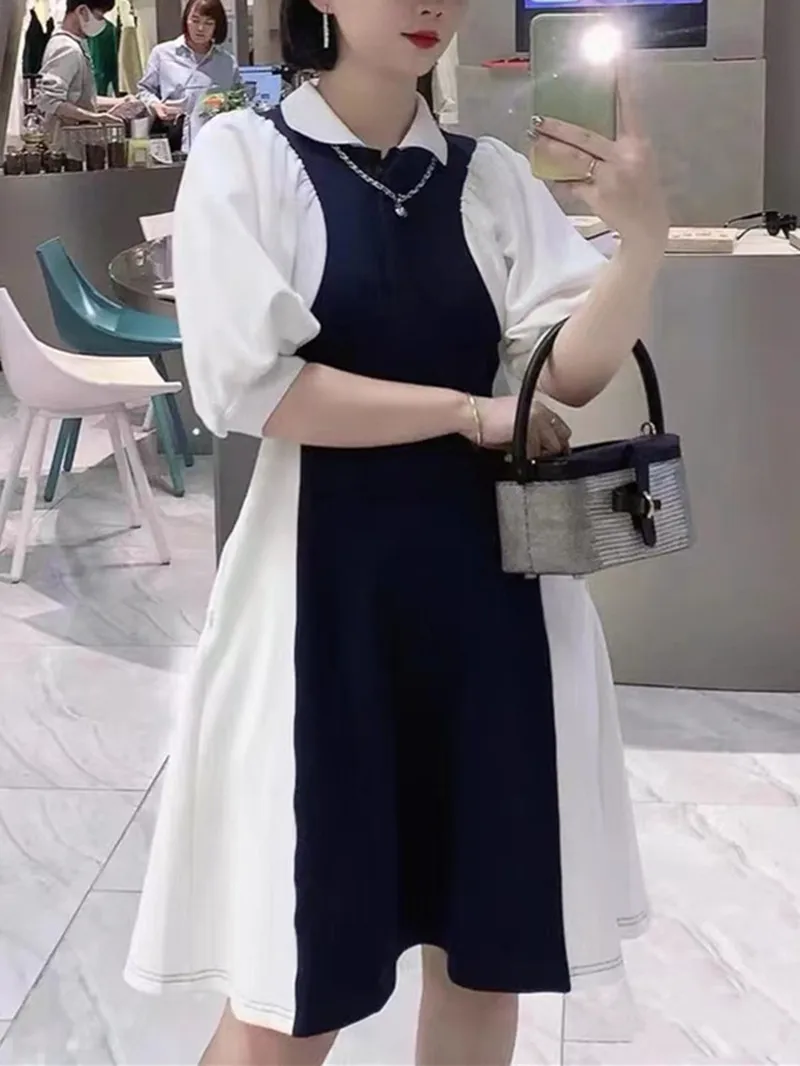 Women's Turn-Down Collar Contrast Color Mini Dress Short Puff Sleeve Slim Patchwork A-Line Dress Preppy Style Female Short Robe
Women's Turn-Down Collar Contrast Color Mini Dress Short Puff Sleeve Slim Patchwork A-Line Dress Preppy Style Female Short Robe