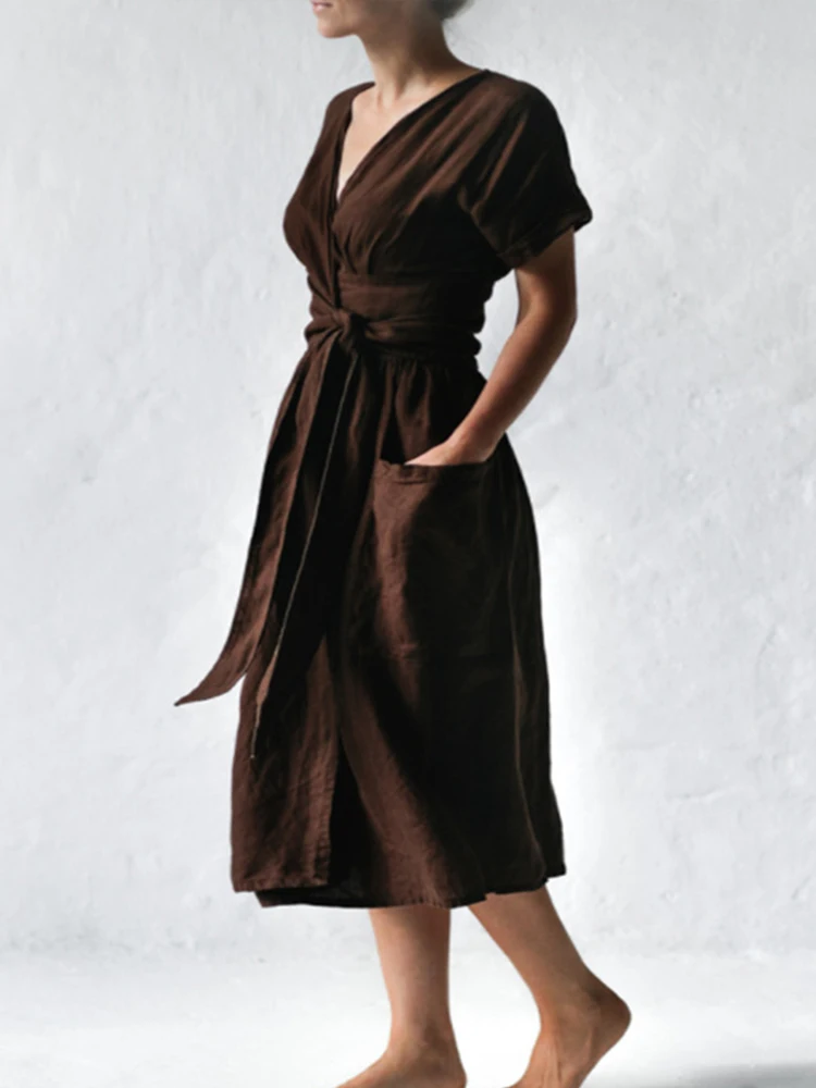 Women Casual V Neck Cotton Linen Dress Spring Solid Color Simple Midi Dress Summer Short Sleeve Pocket Retro Party Dress Vestido
Women Casual V Neck Cotton Linen Dress Spring Solid Color Simple Midi Dress Summer Short Sleeve Pocket Retro Party Dress Vestido