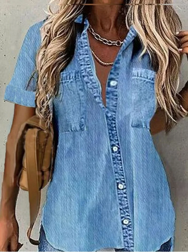 Fashion Loose New Imitation Denim Polo Shirt Women Short Sleeve Button Cardigan Shirt
Fashion Loose New Imitation Denim Polo Shirt Women Short Sleeve Button Cardigan Shirt