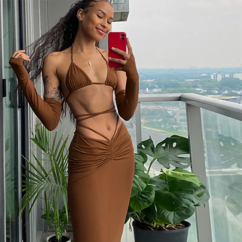 Cutistation Brown Summer Sets Women Outfits Halter Backless Bikini Top+ruched Low Rise Maxi Skirt Two Piece Holiday Rave Clothes
Cutistation Brown Summer Sets Women Outfits Halter Backless Bikini Top+ruched Low Rise Maxi Skirt Two Piece Holiday Rave Clothes