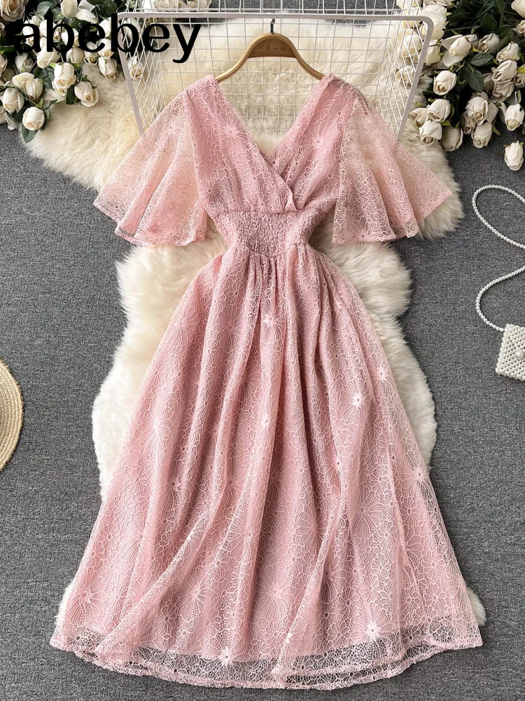 Women French Lace Dress Short Sleeve V Neck Elastic Ruched A-line Dresses 2022 Summer Elegant Streetwear Midi Sundress
Women French Lace Dress Short Sleeve V Neck Elastic Ruched A-line Dresses 2022 Summer Elegant Streetwear Midi Sundress