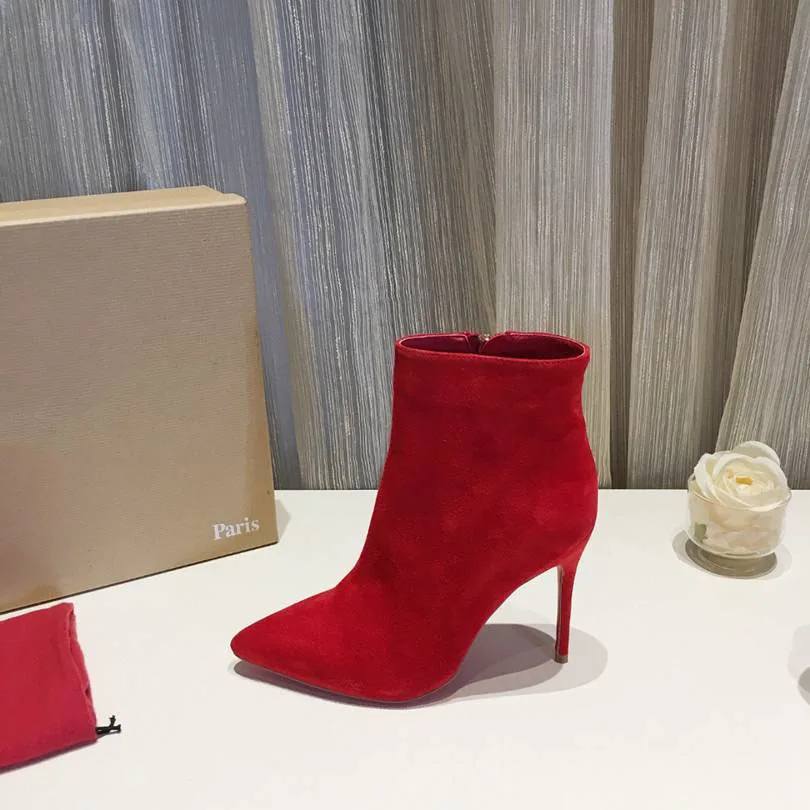 New Brand Kid Sheep Suede Leather Red Outsoled Women's Thin Heel 10cm Shoes Pointed Toe Sexy Dress Ankle Boot Designer Ghcl03
New Brand Kid Sheep Suede Leather Red Outsoled Women's Thin Heel 10cm Shoes Pointed Toe Sexy Dress Ankle Boot Designer Ghcl03
