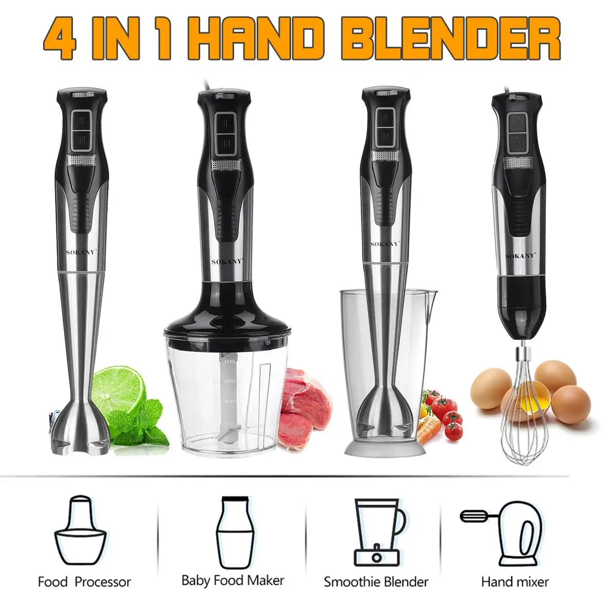 SOKANY 4 in 1 Immersion Hand Stick Blender Mixer Multi-function Vegetable Meat Grinder 1000W 800ml Chopper Whisk&Smoothie Cup
SOKANY 4 in 1 Immersion Hand Stick Blender Mixer Multi-function Vegetable Meat Grinder 1000W 800ml Chopper Whisk&Smoothie Cup