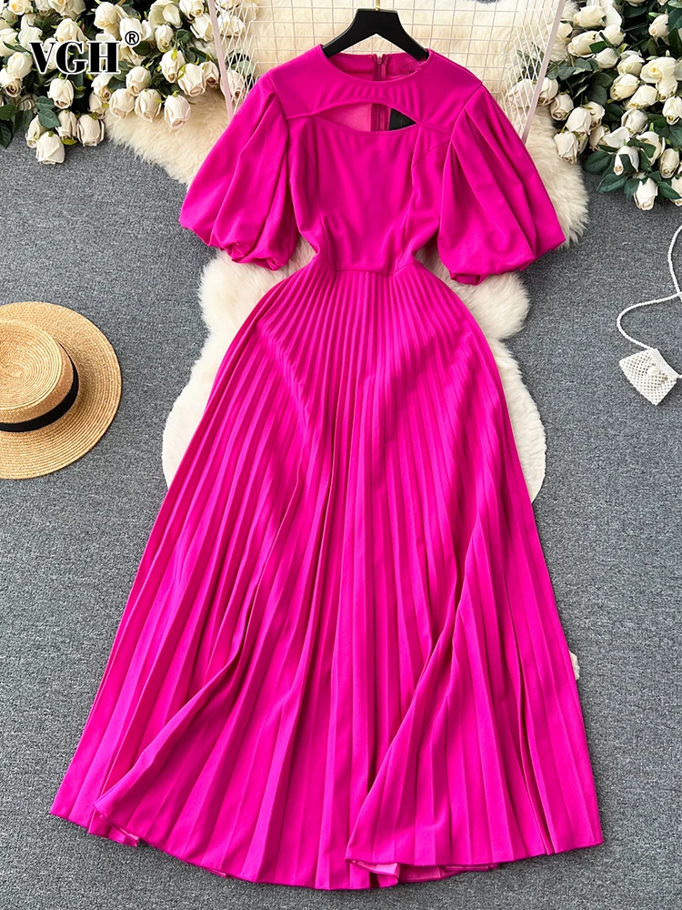 VGH Solid pleated Elegant Dress For Women Round Neck Puff Sleeve High Waist Hollow Out Temperament Dresses Female Fashion Style
VGH Solid pleated Elegant Dress For Women Round Neck Puff Sleeve High Waist Hollow Out Temperament Dresses Female Fashion Style