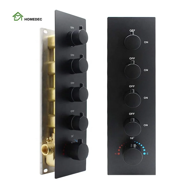 Modern 4 Function Brass Shower Diverter Thermostatic Valve Pressure Balanced Mixer with Trim in Matte Black
Modern 4 Function Brass Shower Diverter Thermostatic Valve Pressure Balanced Mixer with Trim in Matte Black