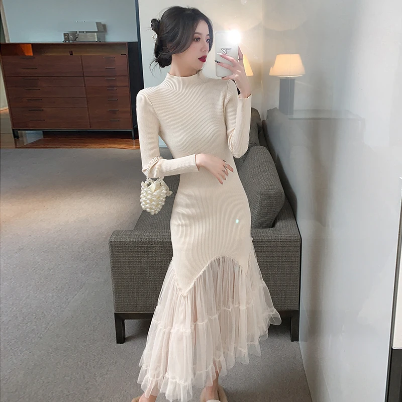 Fall Winter Dress Women Half Turtleneck Long Sleeve Knitted Mesh Fishtail Dress Elegant Beige Slim Bottoming Sweater Dress
Fall Winter Dress Women Half Turtleneck Long Sleeve Knitted Mesh Fishtail Dress Elegant Beige Slim Bottoming Sweater Dress