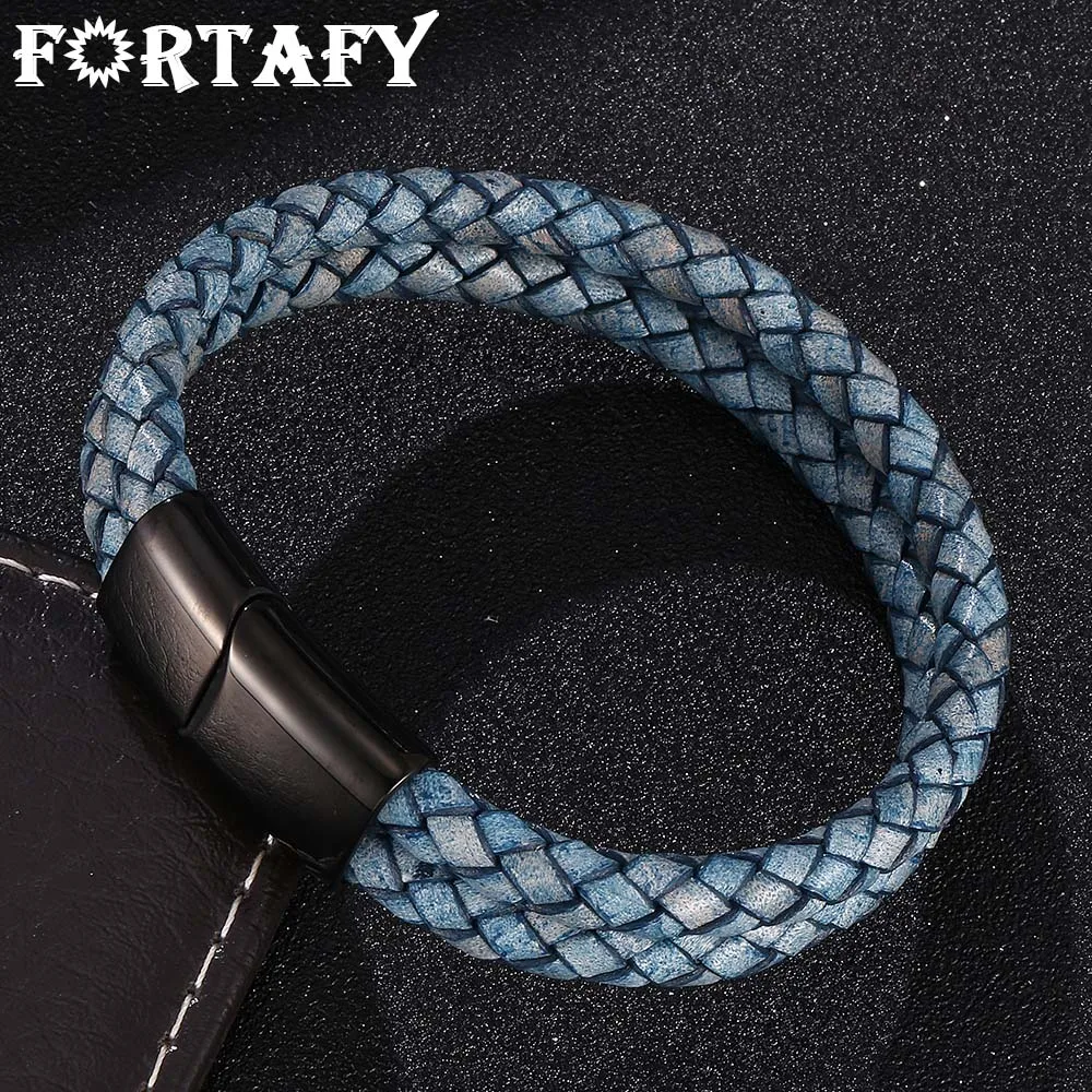 

FORTAFY Men Jewelry Punk Antique Blue Double Braided Leather Bracelet Stainless Steel Magnetic Clasp Male Wristband Gifts FR0512