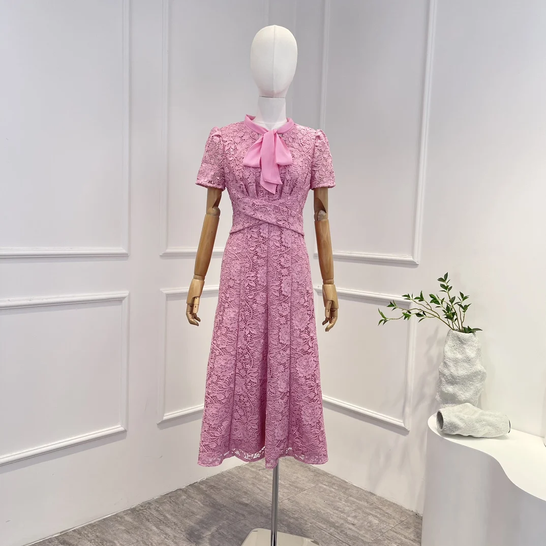 

Elegant High Quality 2023 Pink Self Bow Tie Short Sleeve Howllow Out Pleated A-line Midi Lace Dress