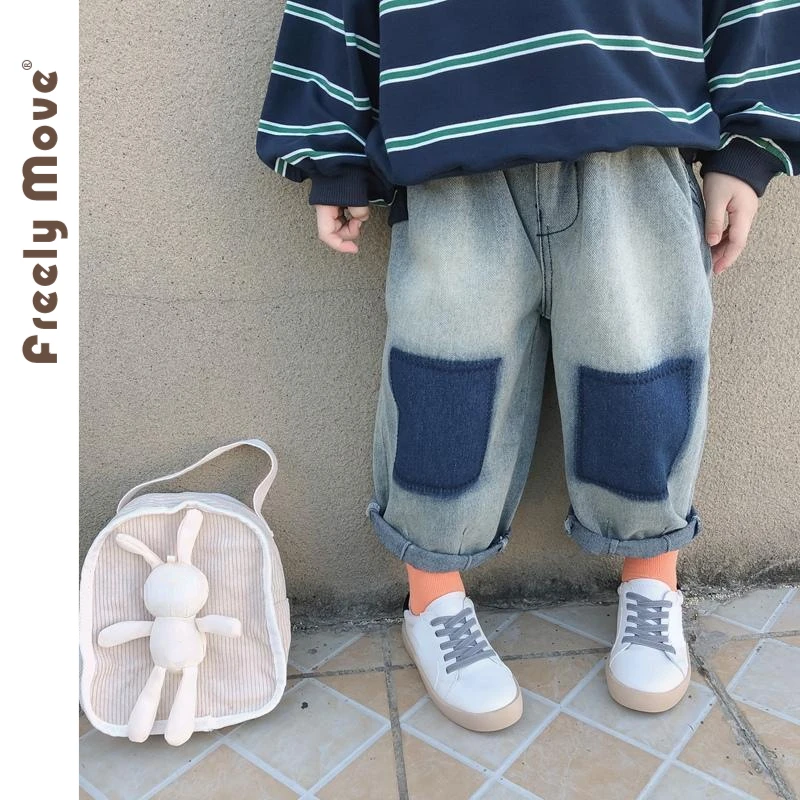 

Freely Move Loose Casual Straight Pants 2023 Girls Jeans Children Jeans Boys Denim Trousers Kid Clothing Autumn Unisex Clothes