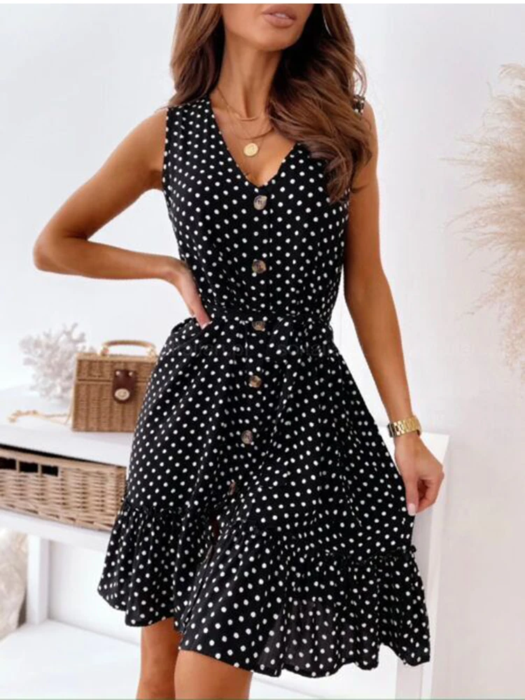 Summer Dress Woman Fashion Casual Polka Dot V-neck Sleeveless Lace Up Ruffles Elegant Beach Party Dresses For Women Robe Femme
Summer Dress Woman Fashion Casual Polka Dot V-neck Sleeveless Lace Up Ruffles Elegant Beach Party Dresses For Women Robe Femme