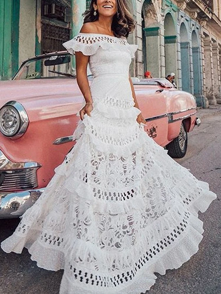 Elegant One-Line Neck Ruffle Cutout Party Dress Women Summer Fashion Short Sleeve Lace Solid Dress Ladies Slim Big Hem Dresses
Elegant One-Line Neck Ruffle Cutout Party Dress Women Summer Fashion Short Sleeve Lace Solid Dress Ladies Slim Big Hem Dresses