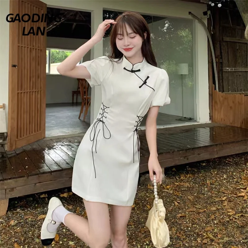 GAODINGLAN Summer Women Short Sleeve Vintage Dress Temperament Solid Color Lace Up High Waist A Line Slim Fit Cheongsam Dresses
GAODINGLAN Summer Women Short Sleeve Vintage Dress Temperament Solid Color Lace Up High Waist A Line Slim Fit Cheongsam Dresses