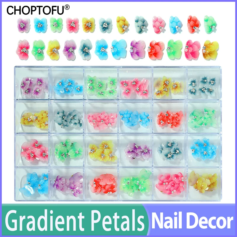 

24/48/144PC/Box Gradient Petals False Nails 3D Butterfly Embossed Flower Nail Art Decoration Diamond Embellished Nail Rhinestone