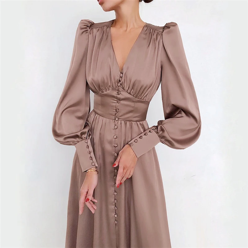 2021 Women's Sexy Dress Single Breasted High Waist Satin Elegant Party Long Dress V Neck Lantern Sleeve Midi Dresses Autumn
2021 Women's Sexy Dress Single Breasted High Waist Satin Elegant Party Long Dress V Neck Lantern Sleeve Midi Dresses Autumn