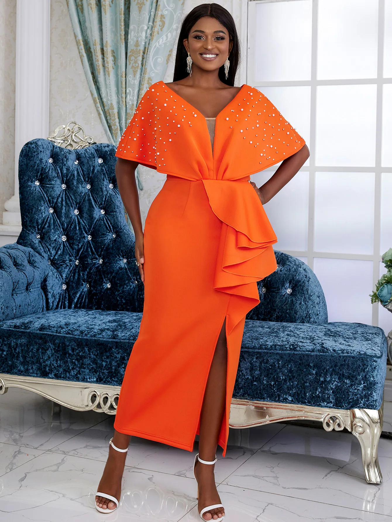 Elegant Orange Ruffles Dresses for Women V Neck Batwing Sleeve Empire Beading Peplum Slit Evening Party Cocktail Event Gowns
Elegant Orange Ruffles Dresses for Women V Neck Batwing Sleeve Empire Beading Peplum Slit Evening Party Cocktail Event Gowns