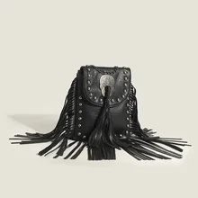 European and American Retro Gothic Fringed Women’S Crossbody Bag Fashion Rivet Single Shoulder Bag with Unique Chain Strap