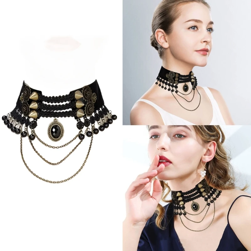 

Gothic Choker Collar Necklace Adjustable Punk Style Collarbone Necklace for Women Rhinestones Tassels Choker Necklace