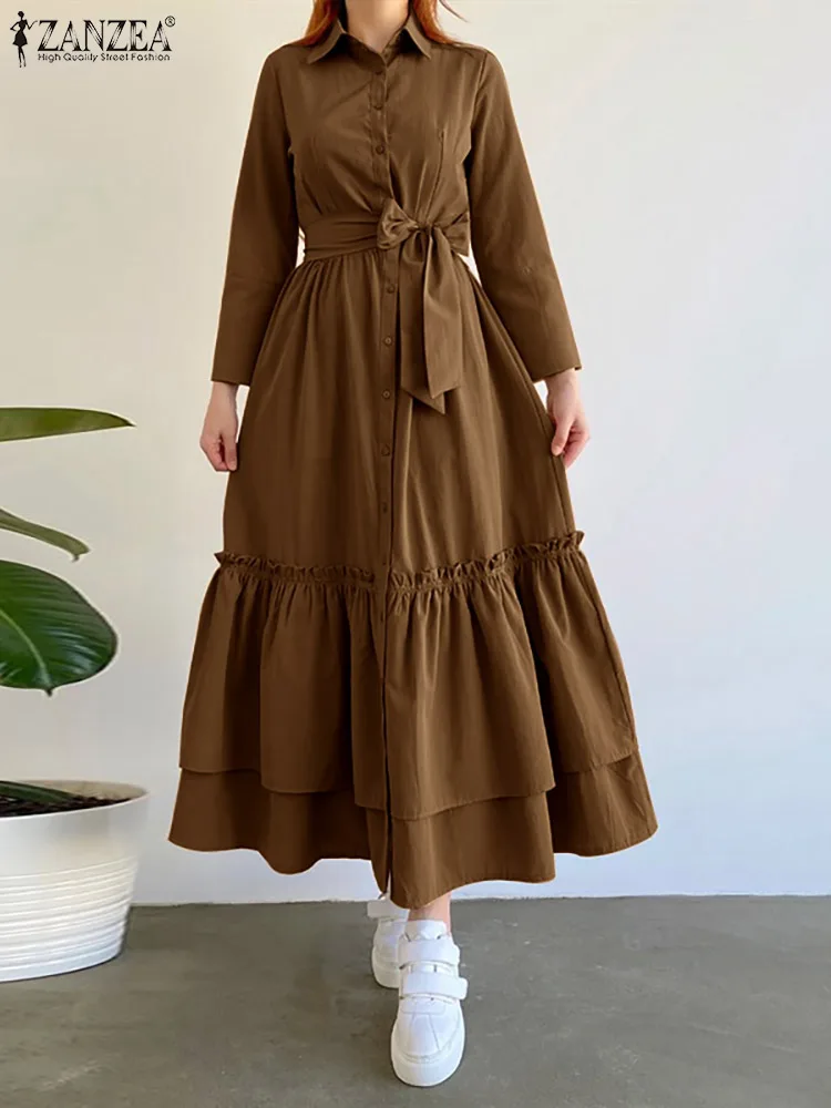 

ZANZEA Casual Long Sleeve Maxi Dress Women Solid Color Shirt Dress 2023 Belted Waist Dress Fashion Layered Ruffled Hem Long Robe