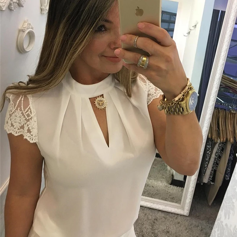 2023 Summer Women Chiffon Blouses Stand Collar Lace Short Sleeves Elegant Lady's Shirts Lace Patchwork Blouse Sexy Shirts
2023 Summer Women Chiffon Blouses Stand Collar Lace Short Sleeves Elegant Lady's Shirts Lace Patchwork Blouse Sexy Shirts