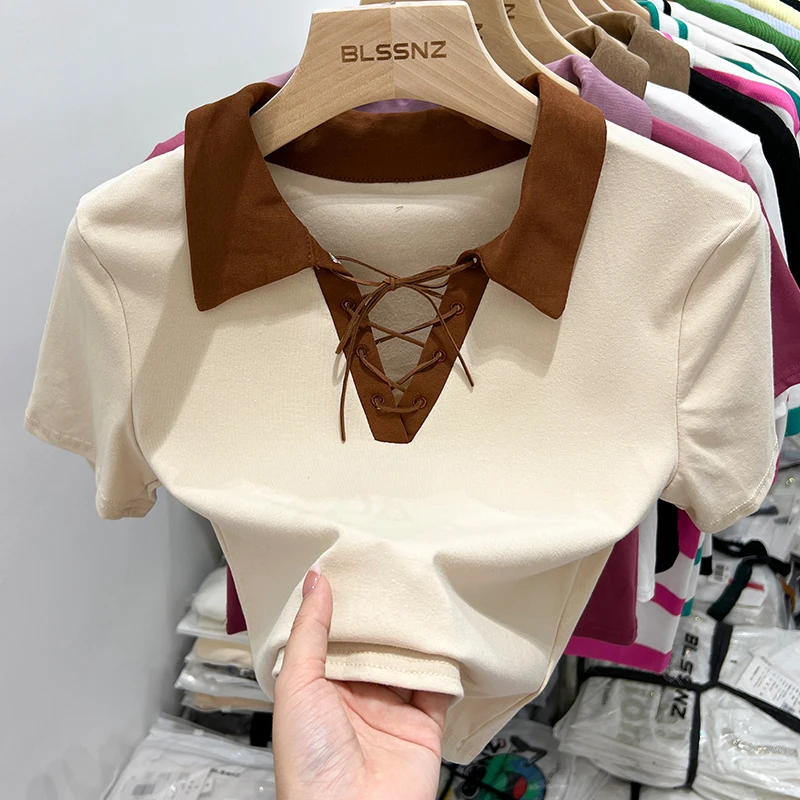 2023 Women Cross Bandage T-shirts Summer Patchwork Tops Short Sleeve Tees Y2K Harajuku Stretch Slim T Shirt Female Mujer 3419
2023 Women Cross Bandage T-shirts Summer Patchwork Tops Short Sleeve Tees Y2K Harajuku Stretch Slim T Shirt Female Mujer 3419