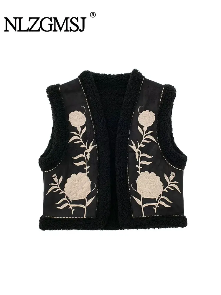 

Nlzgmsj TRAF Women Vintage Floral Embroidered Open WaistCoat Ladies National Style Vest Jacket Outfits Casual Vacation Crop Top