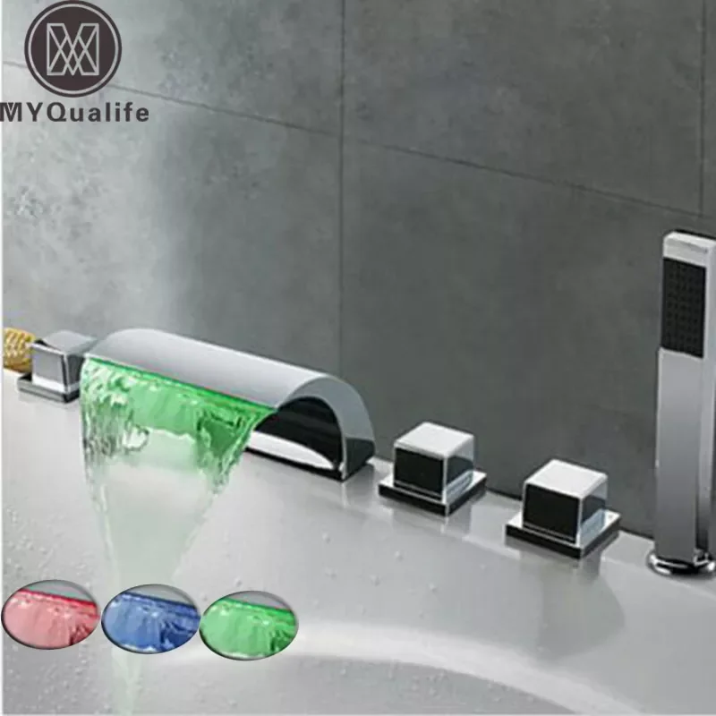 

LED Waterfall Bathtub Faucet Widespread Tub Sink Mixer Tap Chrome/black bronze Brass Bathroom Bath Shower Faucet with Handshower