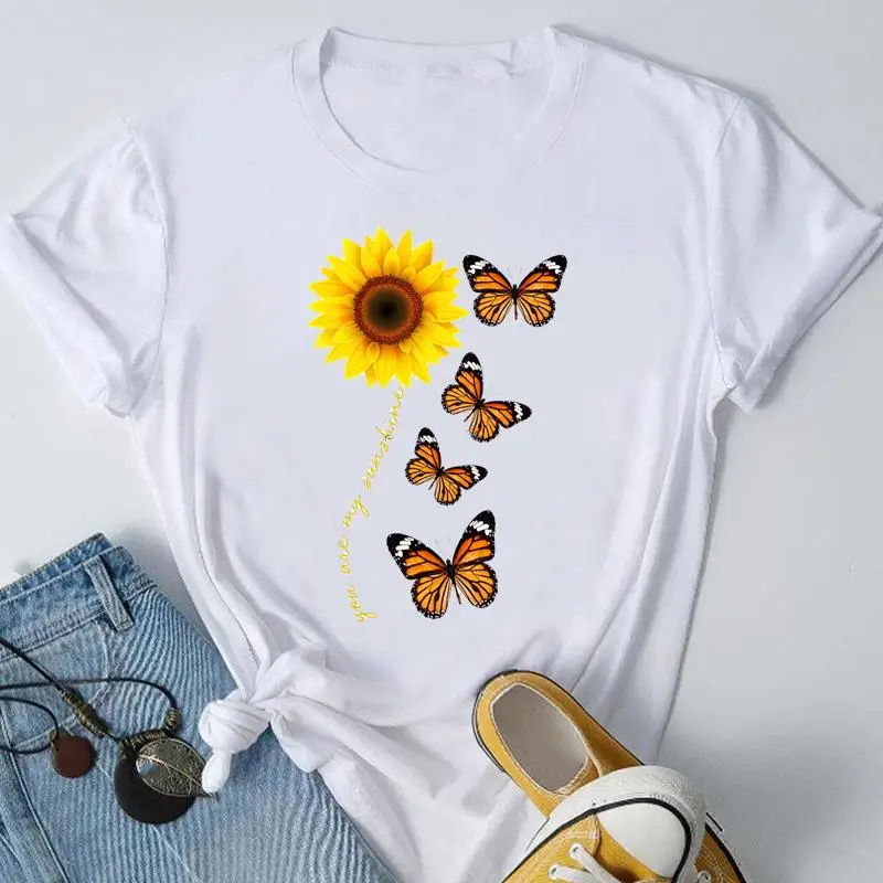 Tee Women Sunflower Butterfly 90s Trend Lady Casual Top Short Sleeve Fashion Summer Tshirt Spring Travel Graphic T-Shirt
Tee Women Sunflower Butterfly 90s Trend Lady Casual Top Short Sleeve Fashion Summer Tshirt Spring Travel Graphic T-Shirt