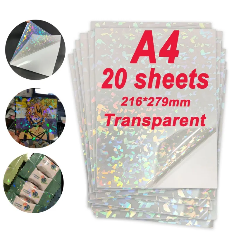 

20 листов бумаги A4, Голографическая фольга, клейкая наклейка, прозрачная Водонепроницаемая пластиковая печатная бумага, пакет «сделай сам» ...