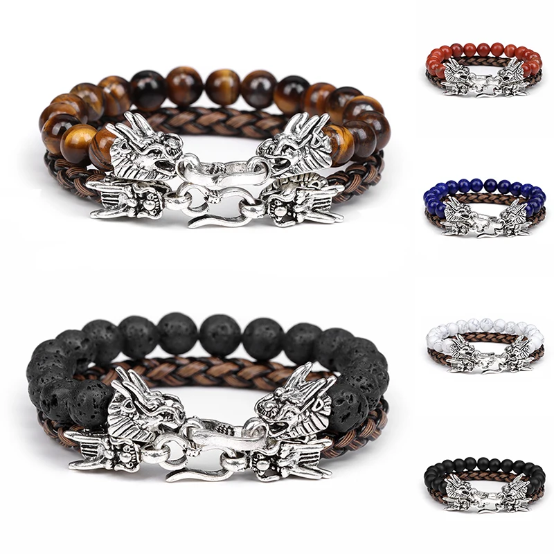 2Pcs/Set Braided Leather Stone Beads Bracelets 8MM Lava Tiger Eye Alloy Dragon Charms Bracelet For Handsome Men's Jewelry Gifts
2Pcs/Set Braided Leather Stone Beads Bracelets 8MM Lava Tiger Eye Alloy Dragon Charms Bracelet For Handsome Men's Jewelry Gifts