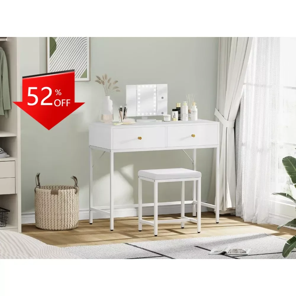 Столик для макияжа с табуретом, туалетный столик с 2 большими ящиками, белый стол с тройным складным освещением
Столик для макияжа с табуретом, туалетный столик с 2 большими ящиками, белый стол с тройным складным освещением