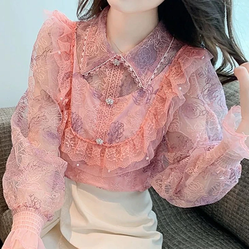 Pink Shirt Women 2023 New French Puff Sleeves Blouse Luxury Heavy Industry Stand Collar Lace Embroidery Women Clothing Tops
Pink Shirt Women 2023 New French Puff Sleeves Blouse Luxury Heavy Industry Stand Collar Lace Embroidery Women Clothing Tops