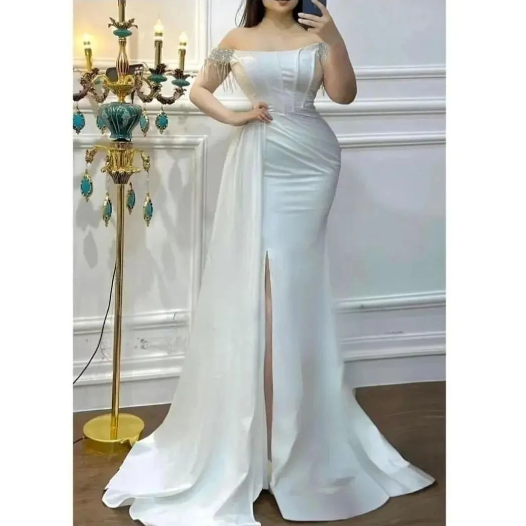 

Empire Off The Shoulder Floor Length Strapless Tassels Prom Dresses Evening Dresses Saudi Arabia Women's Formal Dress