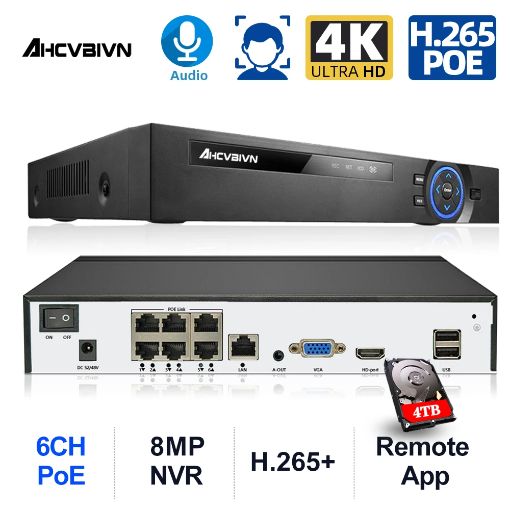 

H.265 4+2/6CH POE NVR 4K 8MP 5MP 4MP 2MP Security IP Camera Video Surveillance CCTV System P2P Network Recorder Face Detect