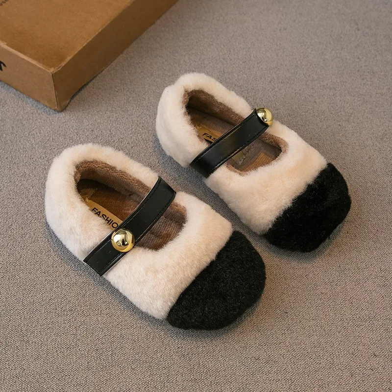 

Baby Girls Fluffy Flats Shoes Kids Outdoor Warm Shoes Patchwork Color 2023 Korea Style Single Shoes Soft Sole Shallow Fur Flats