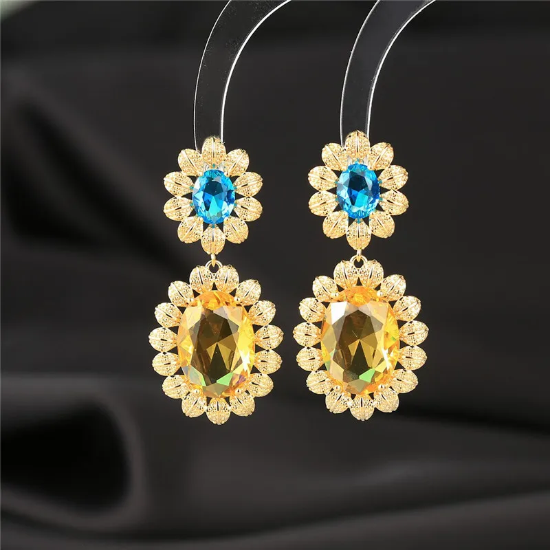 

Summer Fashion Colorful Cubic Zirconia Flower Dangle Earrings Female Luxury Jewellery Shining Crystal Floral Pendant Earrings