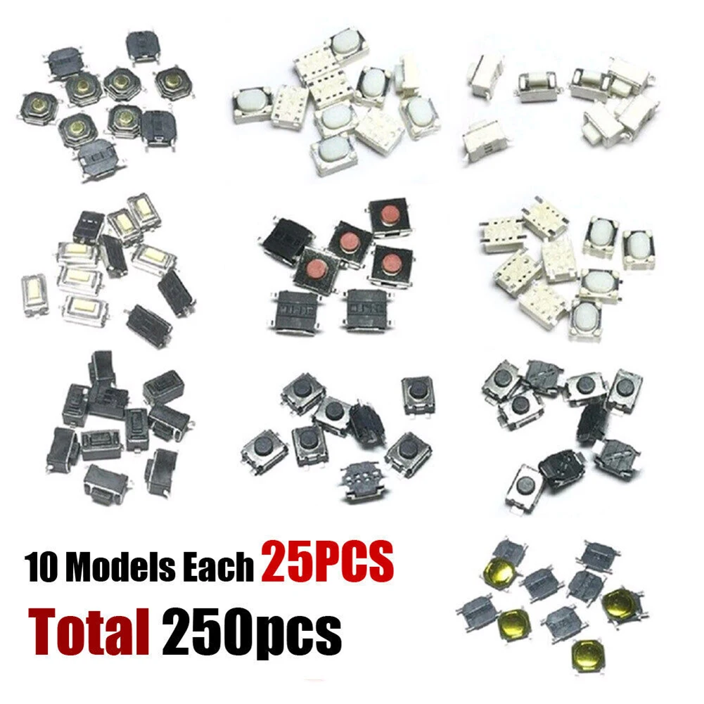 250Pcs/set 10 Model SMD Tactile Push Button Switch Kit Car Remote Control Button Switch Car Key Button Touch Micro Switch
250Pcs/set 10 Model SMD Tactile Push Button Switch Kit Car Remote Control Button Switch Car Key Button Touch Micro Switch