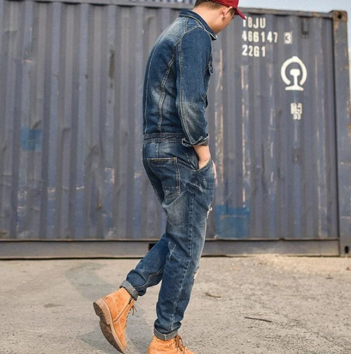 Autumn Retro One Piece Classic Denim Jumpsuit Long Sleeve Cargo Overalls Single Breasted Hole Ripped Jeans Trousers Pockets Pant
Autumn Retro One Piece Classic Denim Jumpsuit Long Sleeve Cargo Overalls Single Breasted Hole Ripped Jeans Trousers Pockets Pant