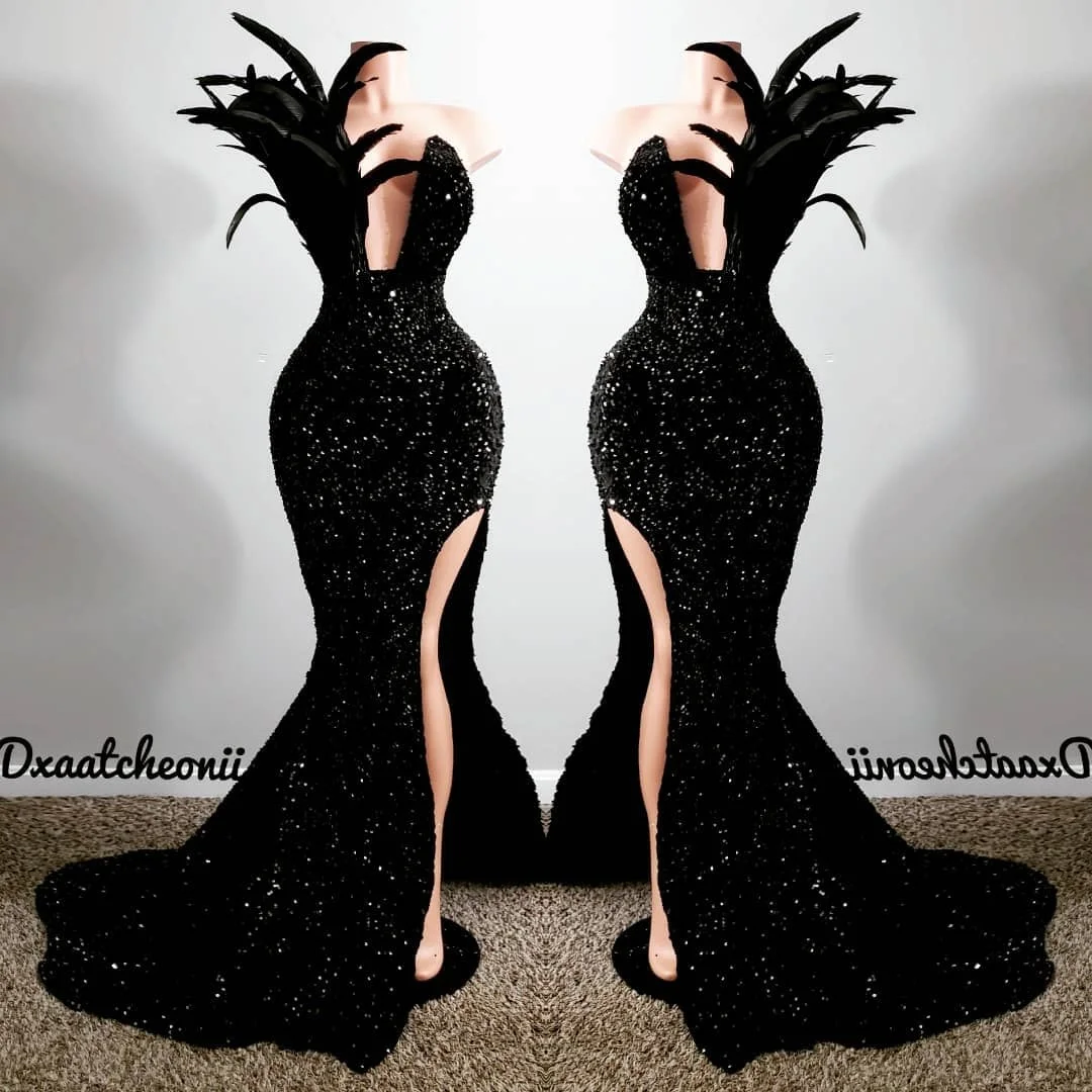 Black Mermaid Long Prom Dresses 2023 Sexy Deep V-neck High Slit Sparkly Sequin African Girl Party Prom Gowns With Feathers
Black Mermaid Long Prom Dresses 2023 Sexy Deep V-neck High Slit Sparkly Sequin African Girl Party Prom Gowns With Feathers