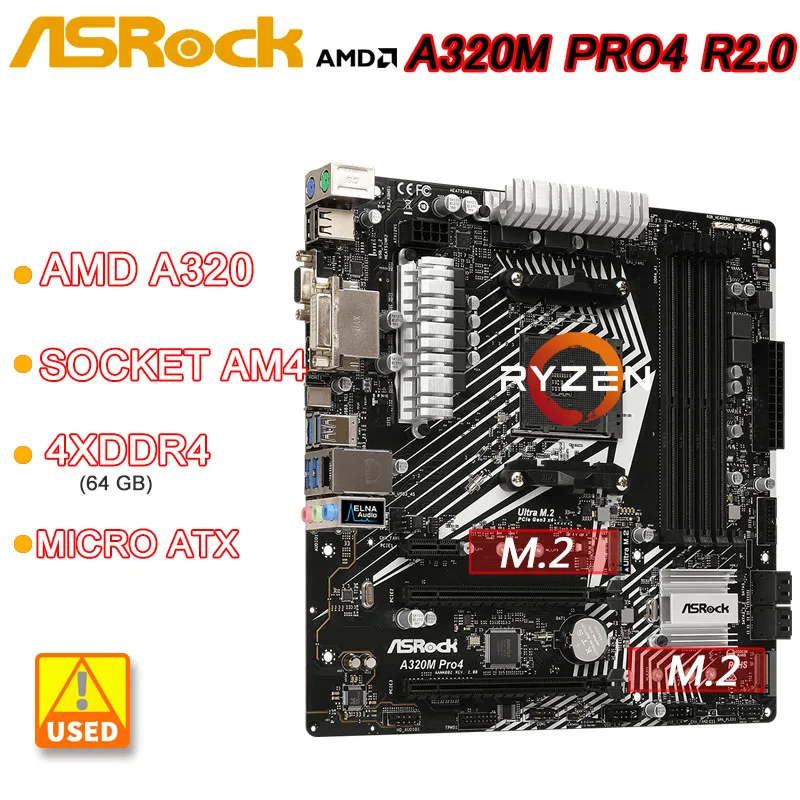 

A320 ASROCK A320M Pro4 R2.0 Motherboard AMD A320M Socket AM4 DDR4 64GB 2xSATA M.2 For A-Series and Ryzen Series CPUs