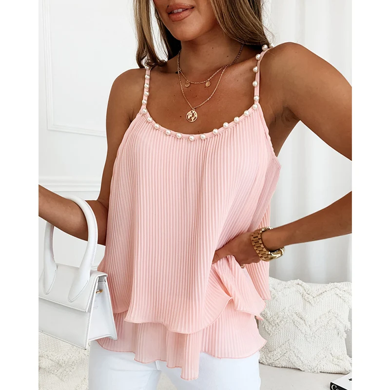 

Fashion Clothing Summer Women Casual Spaghetti Strap V-Neck Going Out Sexy Sleeveless Tee Pearls Decor Layered Cami Top