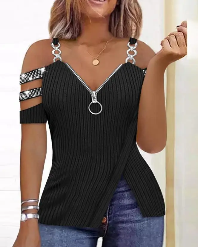 

Women's Top 2023 Summer Casual Rhinestone Decoration Zipper Details Split Bottom Cold Shoulder Basic Women's T-Shirt Y2K