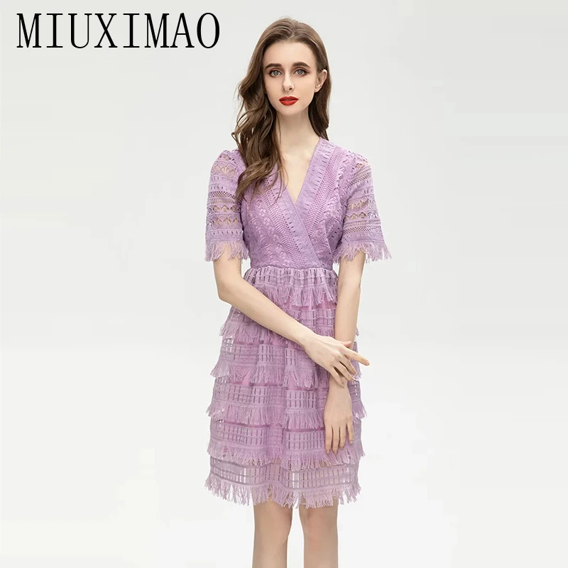 MIUXIMAO 2023 High Quality Spring&Summer Elegant Dress Short Sleeve V-Neck Tassels Fashion Knee length Cake Dress Women Vestide
MIUXIMAO 2023 High Quality Spring&Summer Elegant Dress Short Sleeve V-Neck Tassels Fashion Knee length Cake Dress Women Vestide